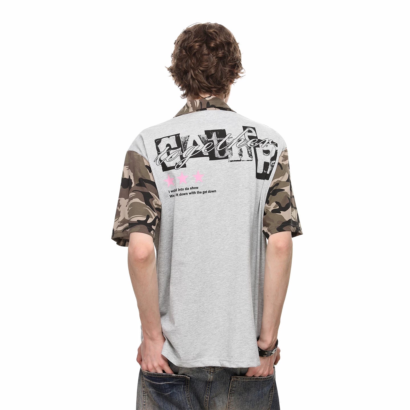 Vintage American fashion brand camouflage spliced polo shirt short sleeved men's summer trend loose casual couple T-shirt