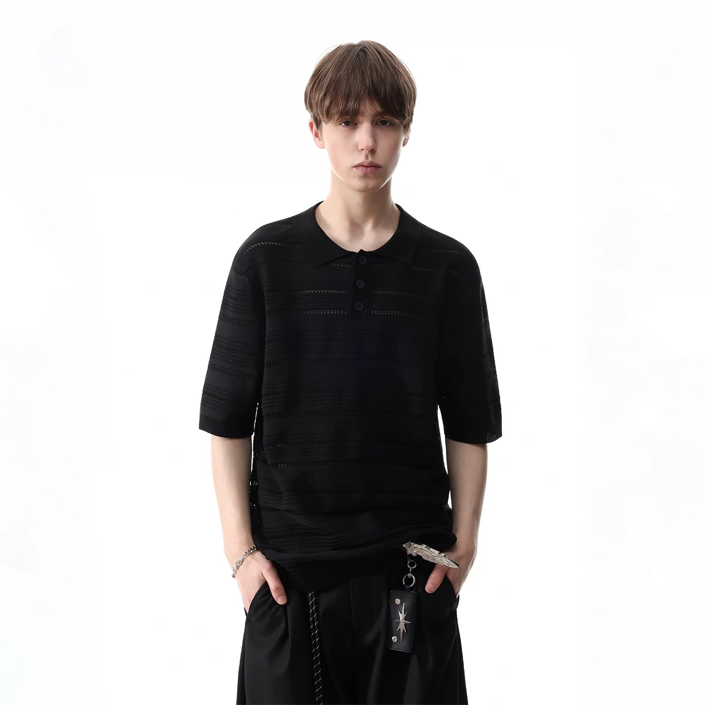 TREND ST old money style knitted short sleeved T-shirt for men's summer half sleeved polo shirt with hollowed out texture and a lapel top