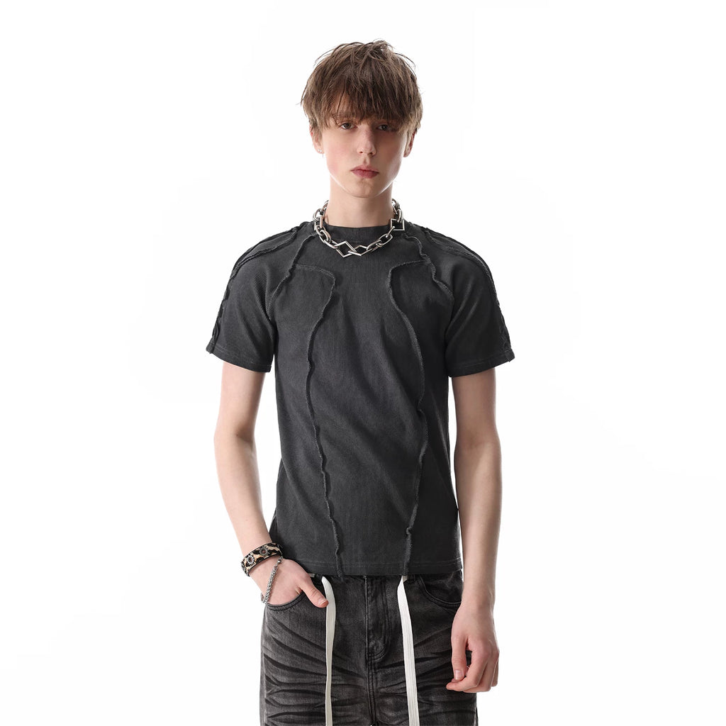 TREND ST Heavy Weight 450g Craftsmanship Deconstruction Slim Short Sleeve T-shirt for Men and Women, Wasteland Wind Pioneer Shoulder Insert T-shirt