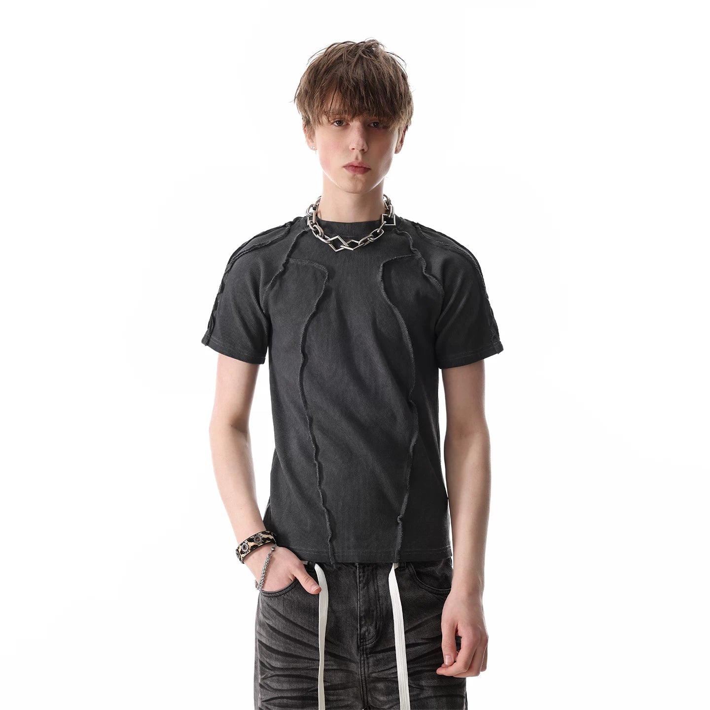 TREND ST Heavy Weight 450g Craftsmanship Deconstruction Slim Short Sleeve T-shirt for Men and Women, Wasteland Wind Pioneer Shoulder Insert T-shirt