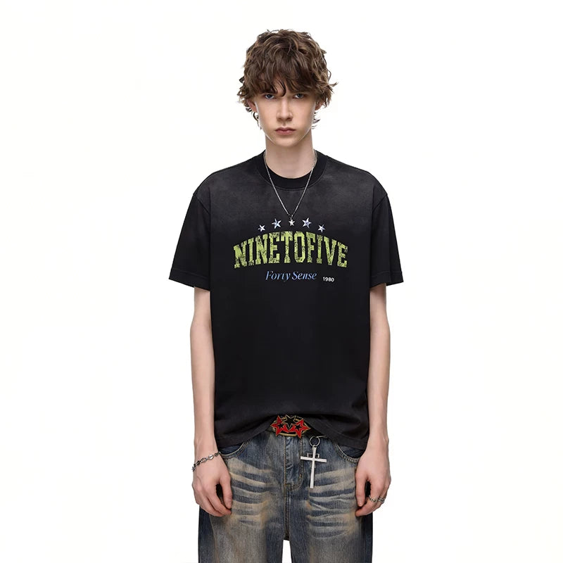 American retro tie dye distressed small collar short sleeved T-shirt for men's summer street ruff handsome print pure cotton half sleeved T-shirt