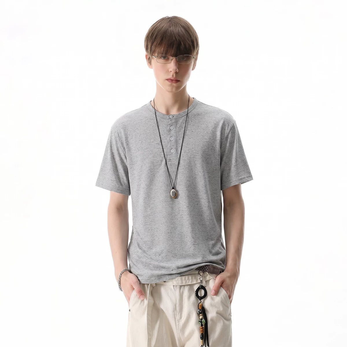 TREND ST Basic Three Color Linen Blended Short Sleeve Summer Old Money Style Henry Collar Shoulder T-shirt Men's and Women's Trendy