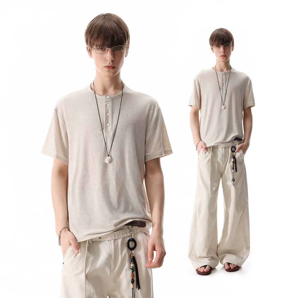 TREND ST Basic Three Color Linen Blended Short Sleeve Summer Old Money Style Henry Collar Shoulder T-shirt Men's and Women's Trendy