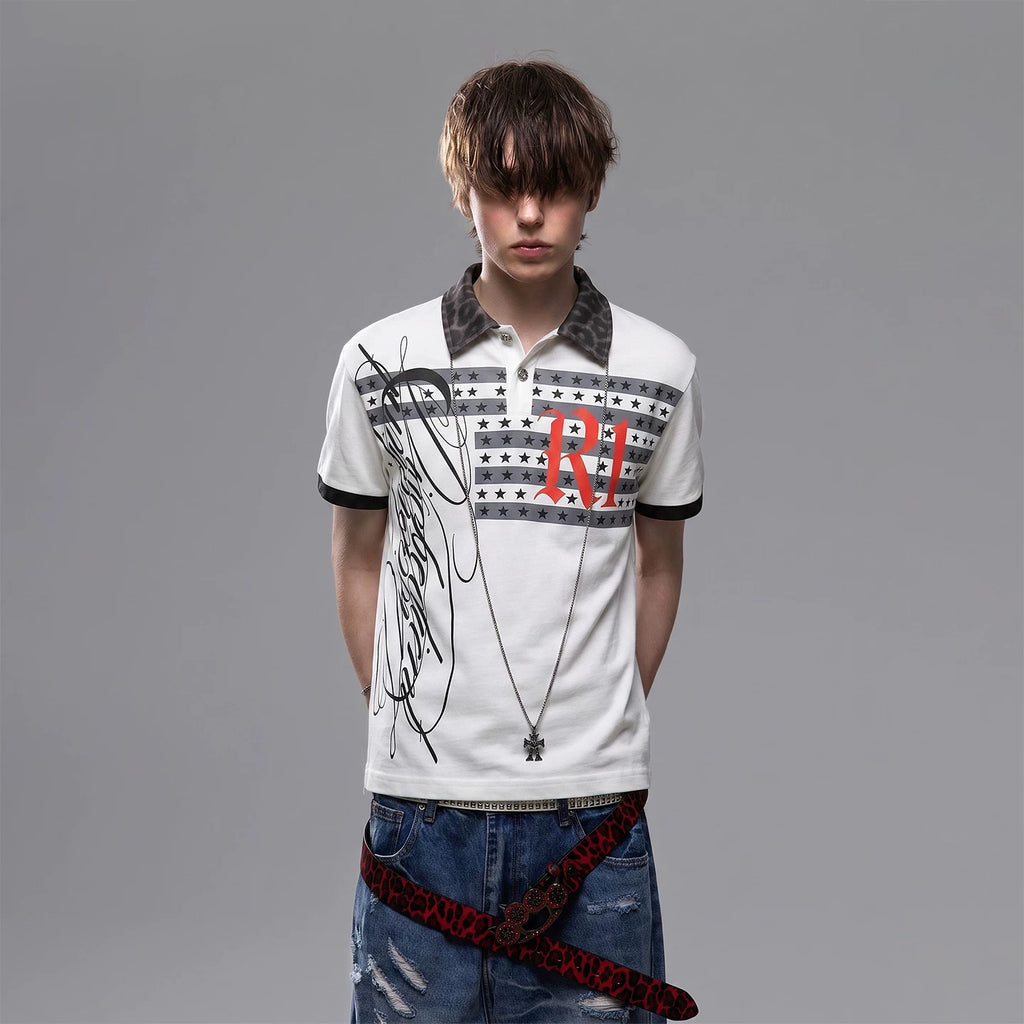 TREND ST Street Punk Printed Shoulder Short sleeved T-shirt for Men's Summer Leopard Pattern Splicing Boxy Short Polo Shirt