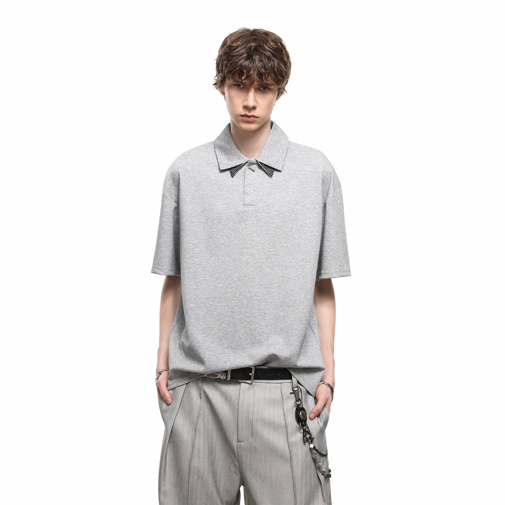American style cleanfit striped splicing double-layer collar short sleeved T-shirt for boys, summer loose couple polo shirt top