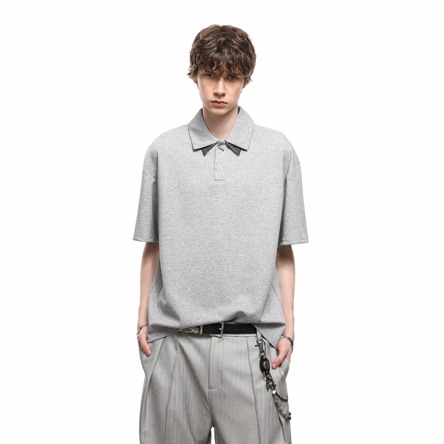 American style cleanfit striped splicing double-layer collar short sleeved T-shirt for boys, summer loose couple polo shirt top