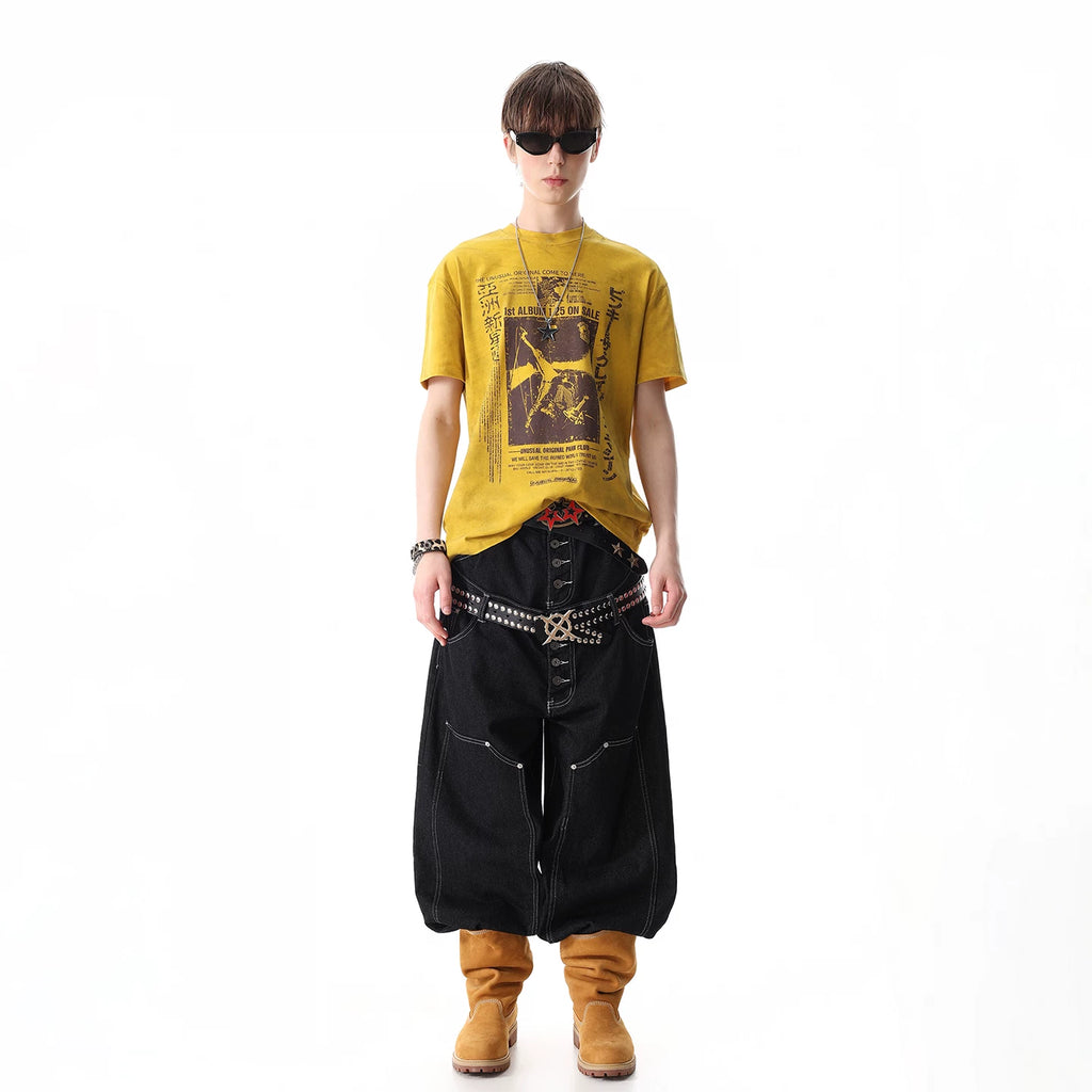 TREND ST Street Punk Vintage Rock Print Shoulder T-shirt Short Sleeve Men's and Women's Summer Short Width Top