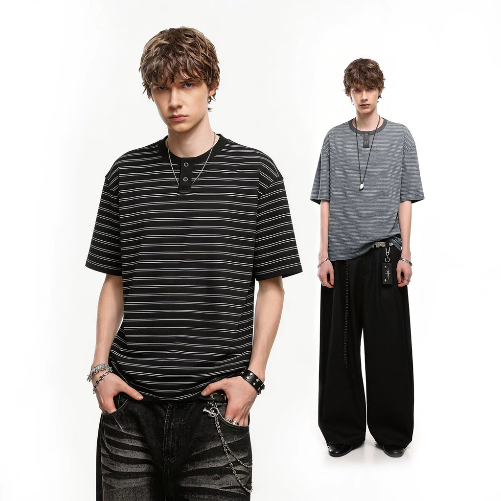 Trendy block American retro striped Henry collar short sleeved T-shirt men's summer loose couple T-shirt old money style top
