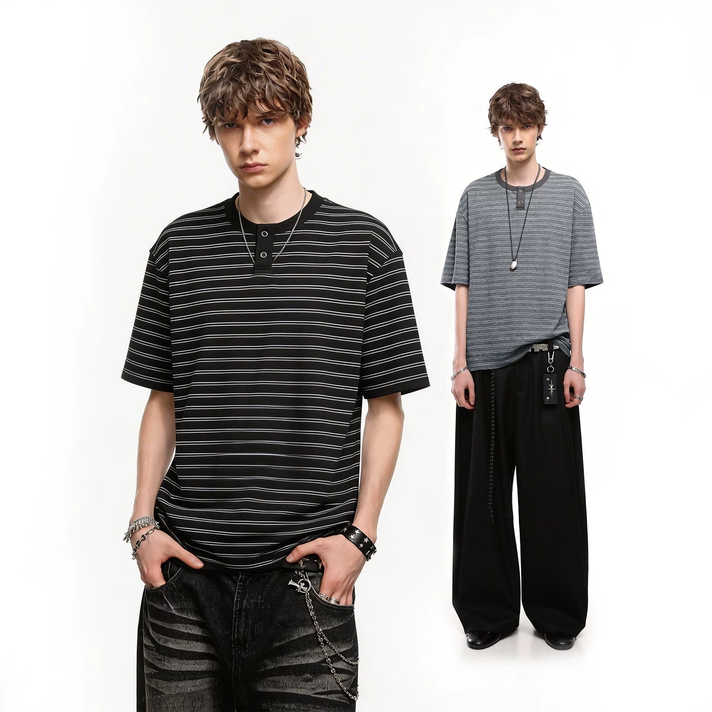 Trendy block American retro striped Henry collar short sleeved T-shirt men's summer loose couple T-shirt old money style top