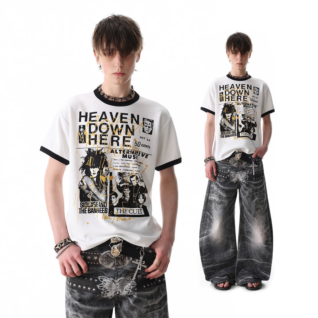 TREND ST Summer Street Punk Figure Printed Shoulder Short sleeved T-shirt Men's Boxy Version Short T-shirt