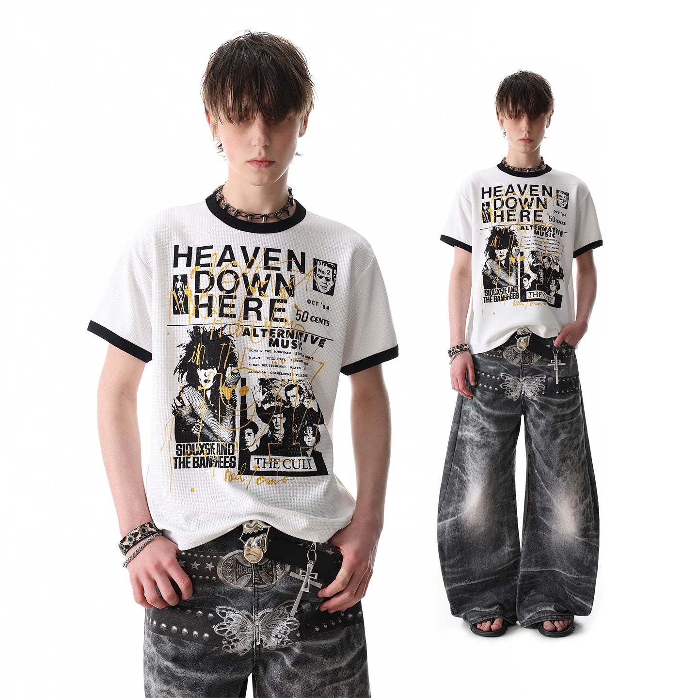 TREND ST Summer Street Punk Figure Printed Shoulder Short sleeved T-shirt Men's Boxy Version Short T-shirt