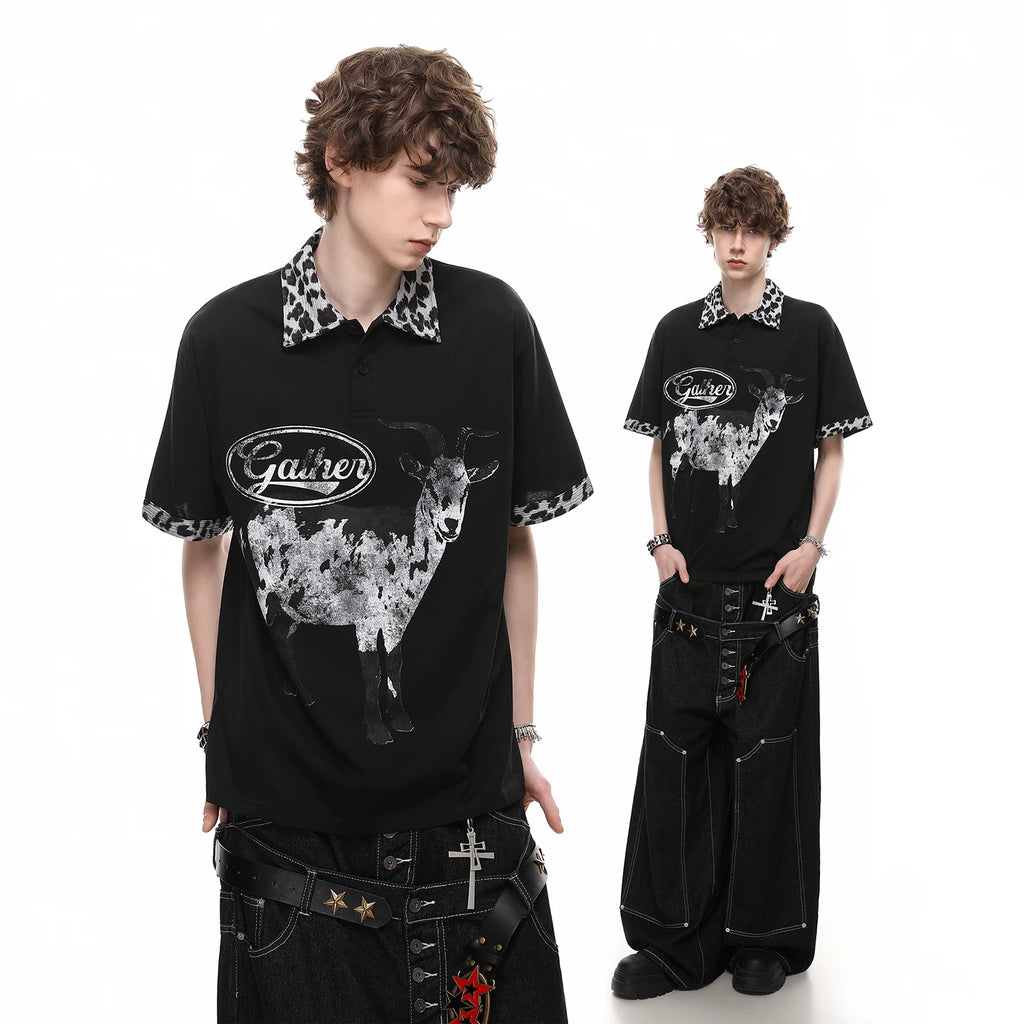Trendy block American retro leopard print patchwork lapel T-shirt short sleeved men's summer loose goat print polo shirt