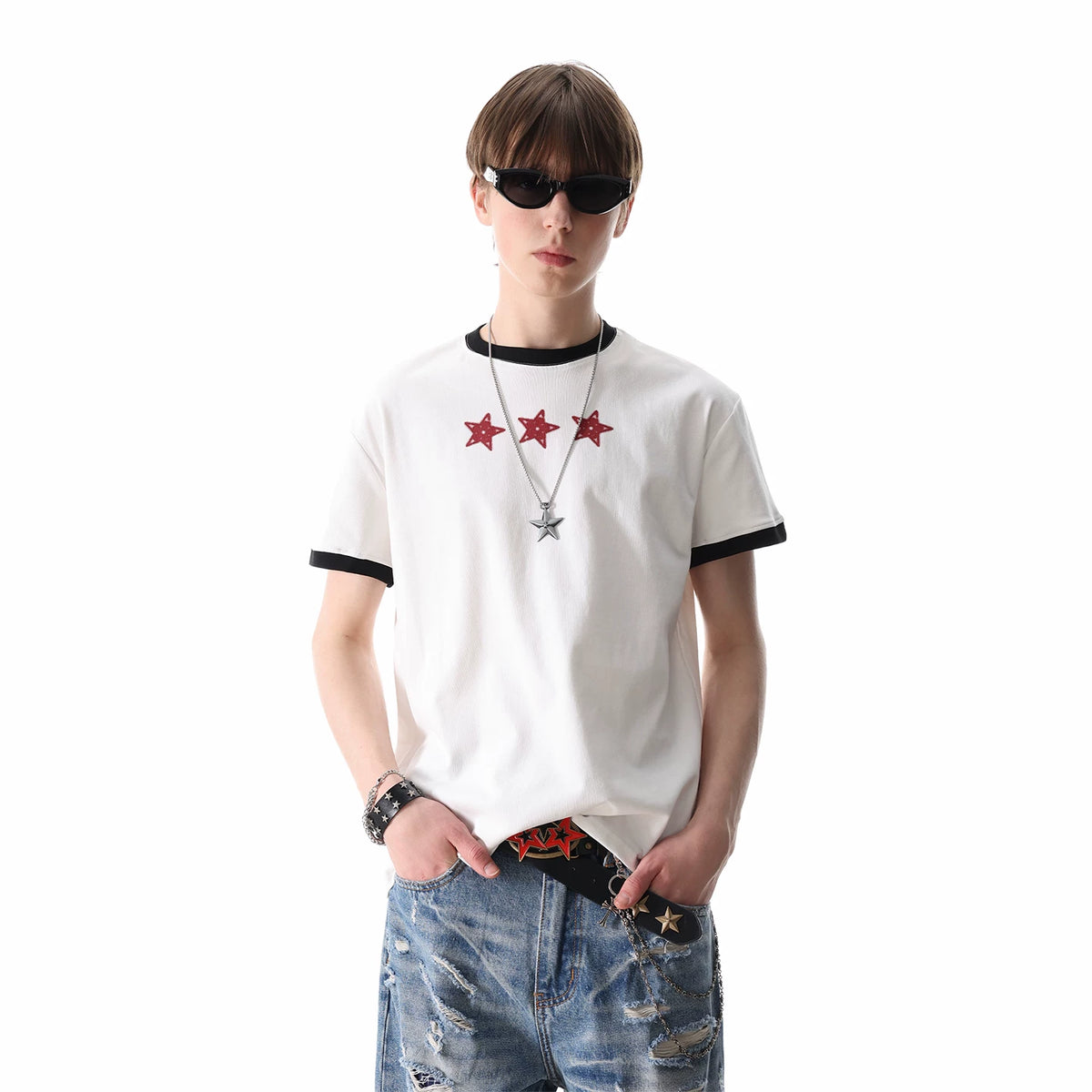 TREND ST American Street Letter Printed Short sleeved T-shirt Men's and Women's Contrast Round Neck Light Asian Boxy Shoulder Top