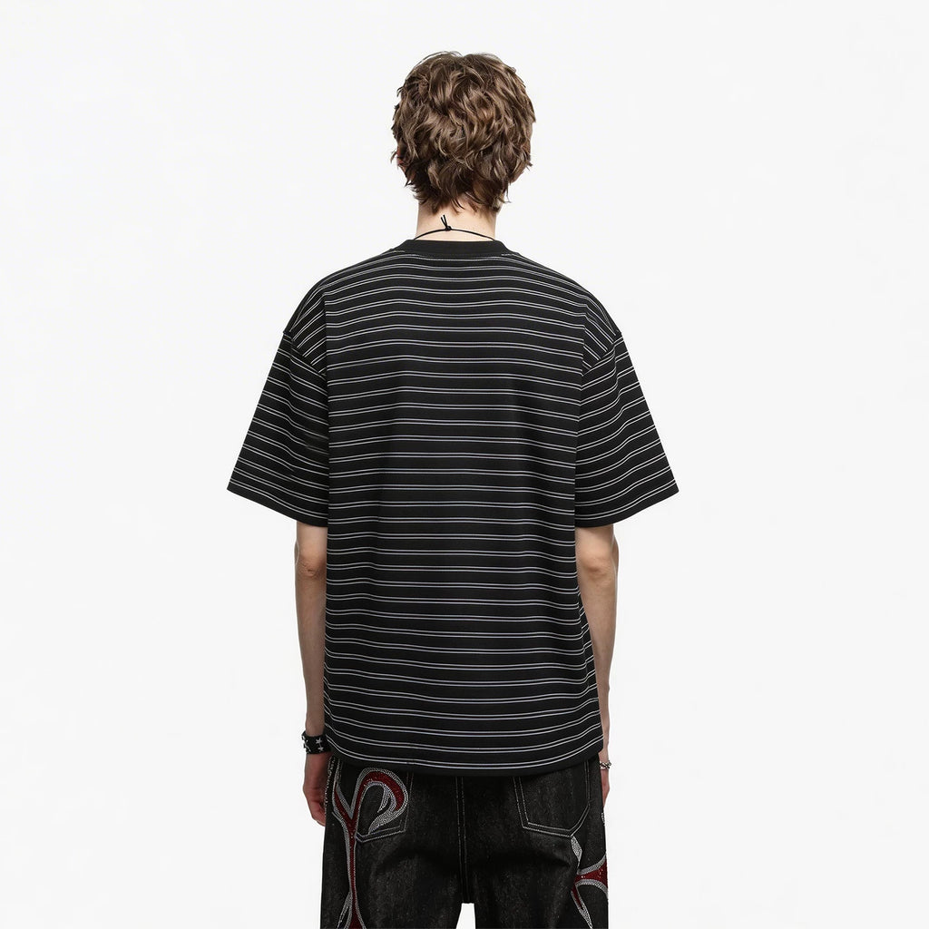 Trendy block American retro striped Henry collar short sleeved T-shirt men's summer loose couple T-shirt old money style top
