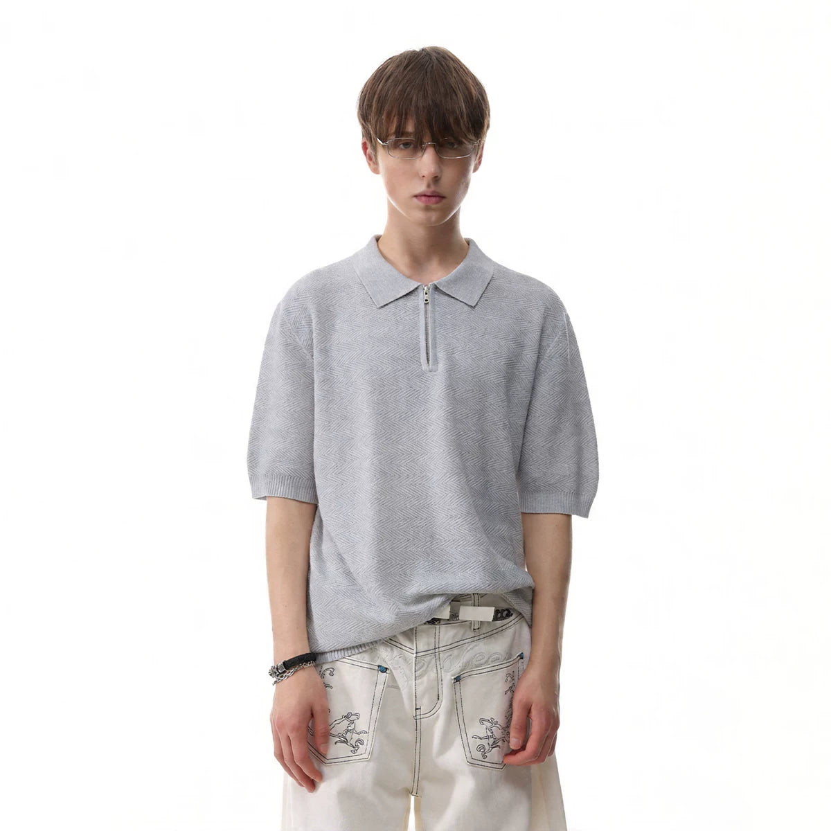 TRENDST Retro Money Style Texture Half Zipper Polo Shirt Men's Summer Commuter Loose Knitted Short Sleeve T-shirt