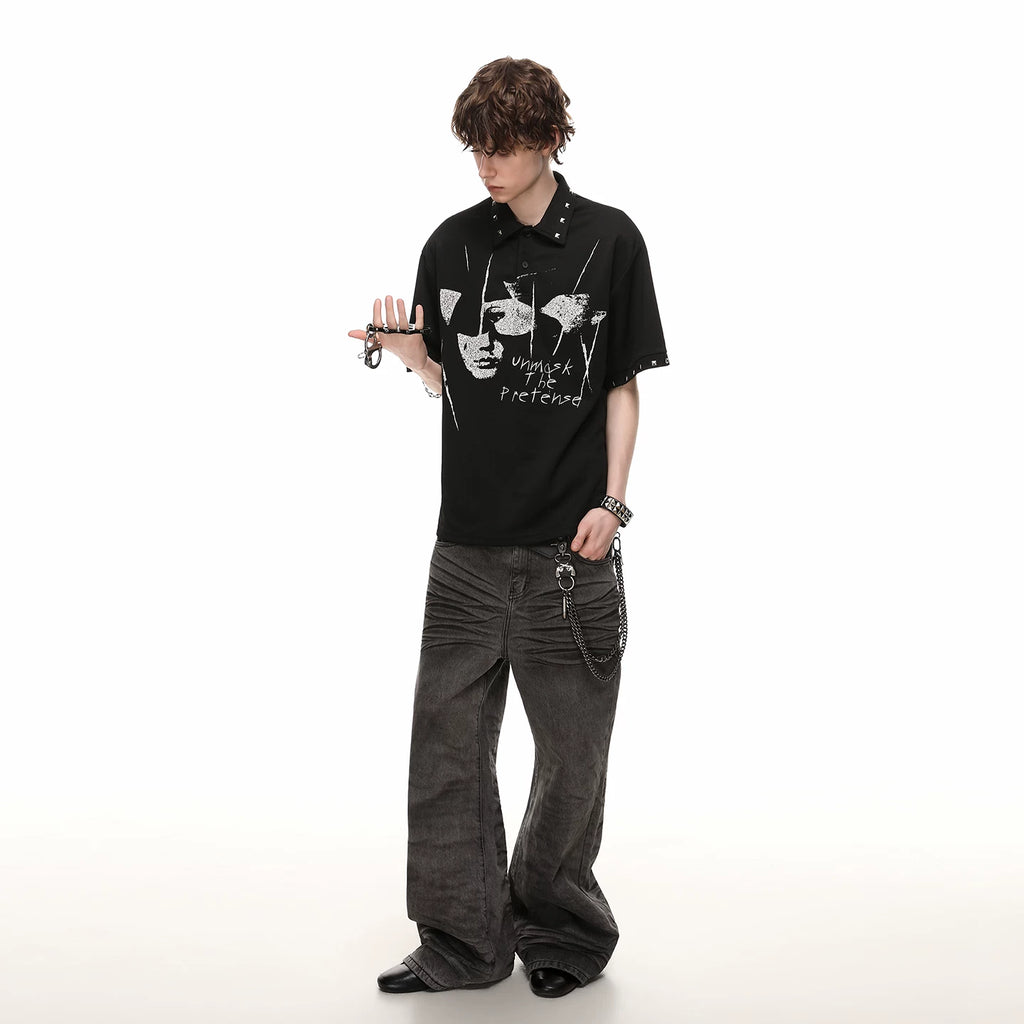 Original Design Light Asian Punk Character Printed Polo Shirt Short Sleeve Men's Summer Retro Loose Rivet Collar T-shirt