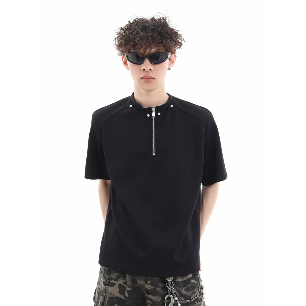 Trend st niche design high street rivet half zipper short sleeved T-shirt men's loose shoulder pad solid color half sleeve TEE