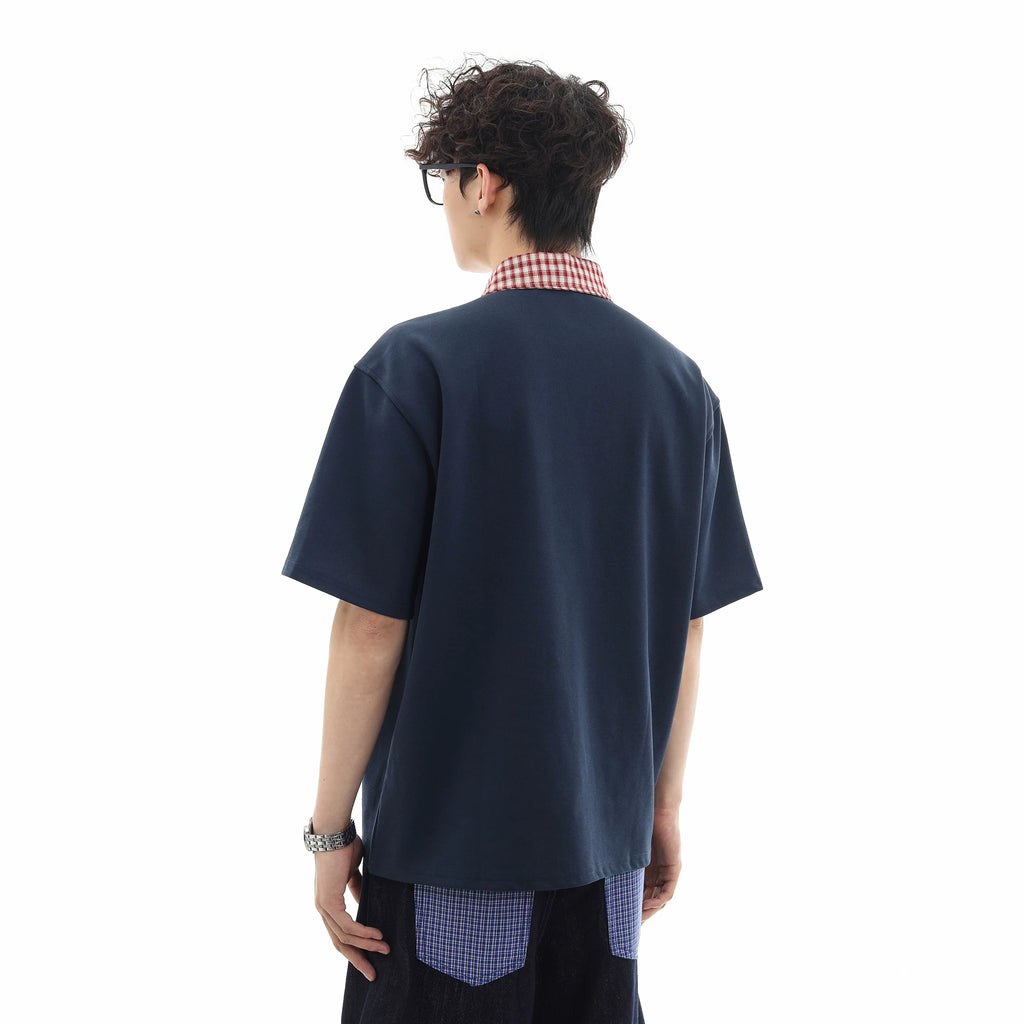 Trendy contrasting plaid patchwork polo shirt short sleeved men's summer loose and versatile fake two-piece half sleeved couple T-shirt