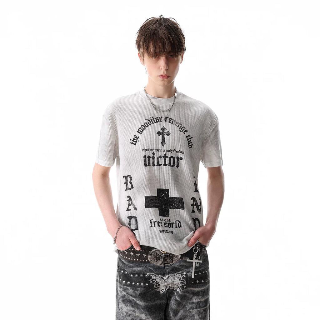 TRENDST street punk light Asian style vintage front shoulder short sleeved T-shirt for men's summer gothic printed waffle top