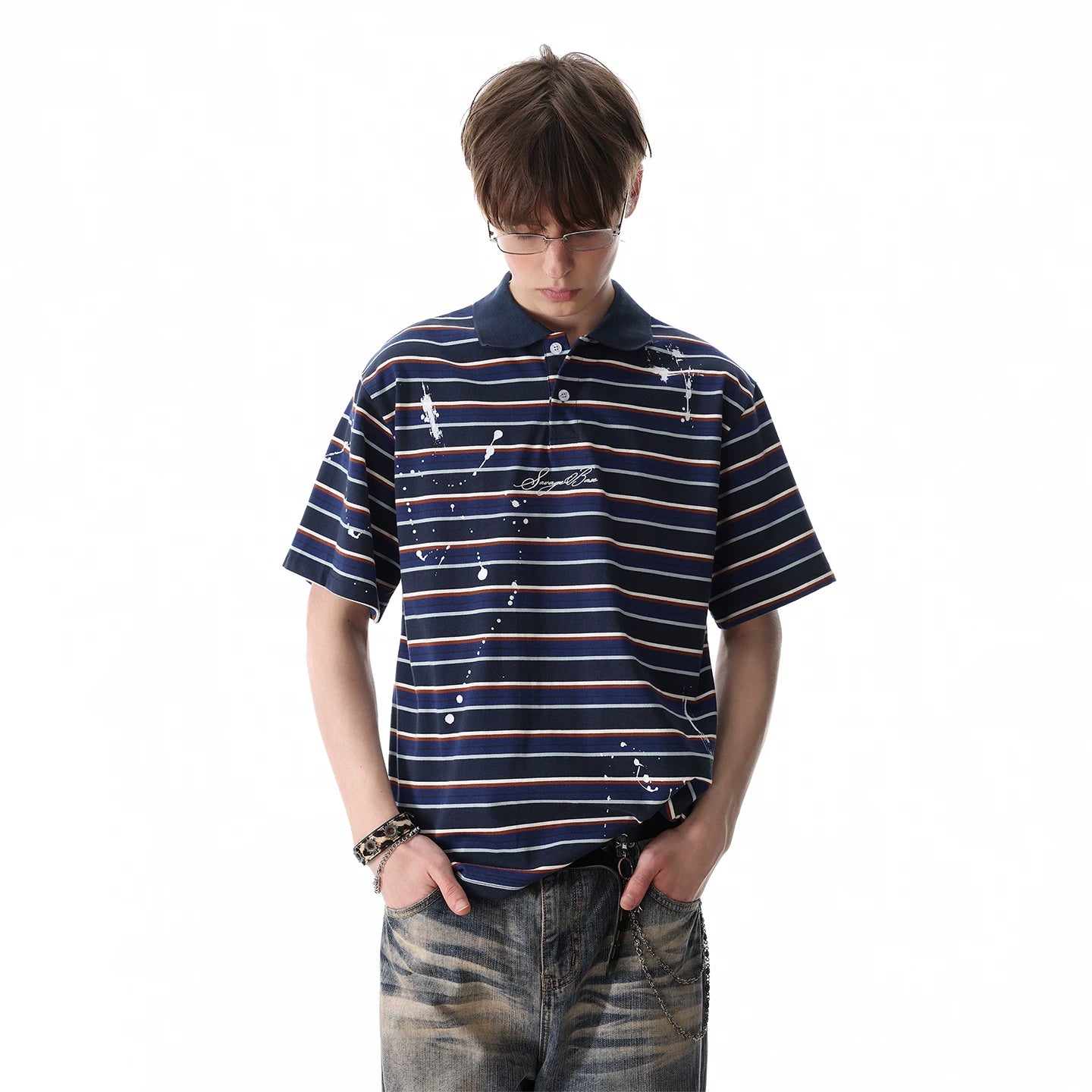 TREND ST American retro contrasting horizontal striped polo shirt short sleeved men's summer splashed ink embroidered loose T-shirt