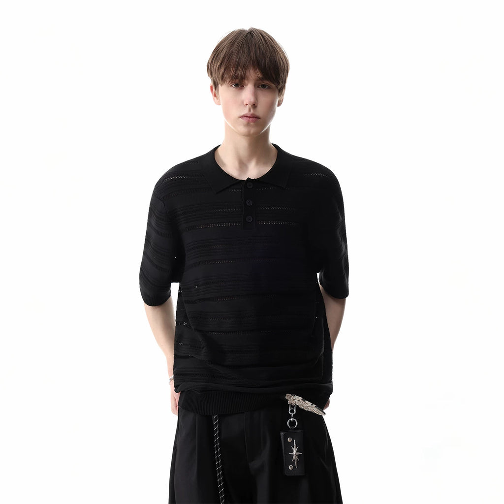Trendy block light luxury old money style hollow striped knitted polo shirt short sleeved men's summer loose couple half sleeved T-shirt
