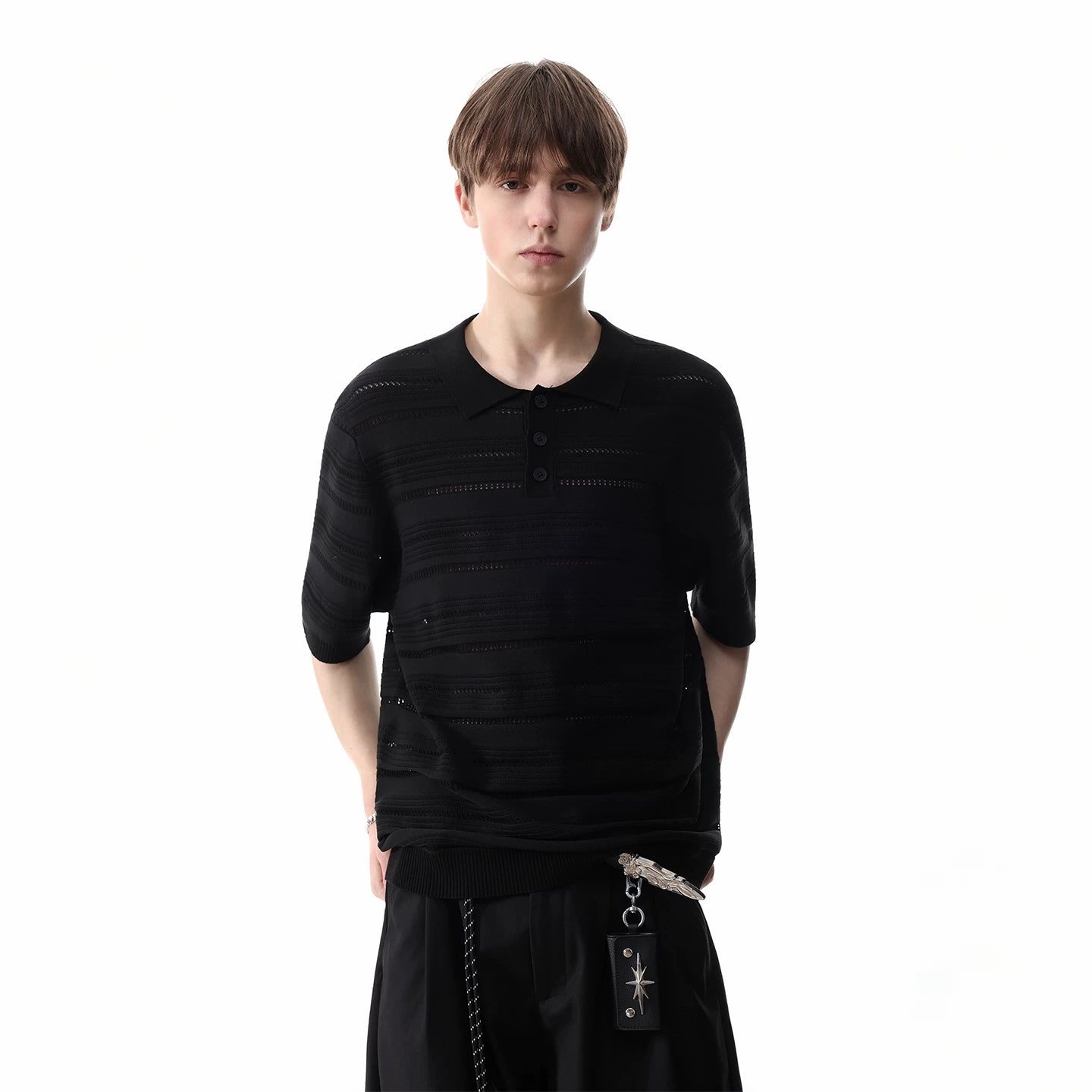 Trendy block light luxury old money style hollow striped knitted polo shirt short sleeved men's summer loose couple half sleeved T-shirt