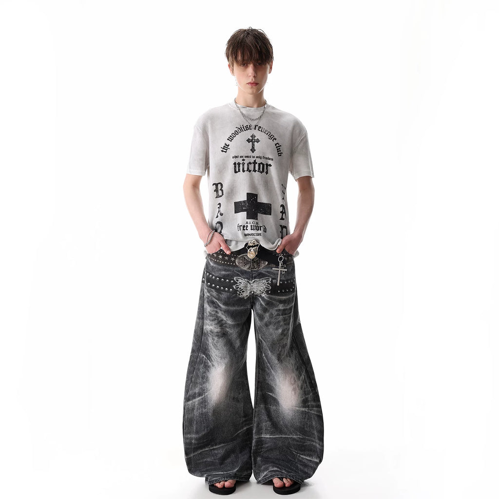 TRENDST street punk light Asian style vintage front shoulder short sleeved T-shirt for men's summer gothic printed waffle top