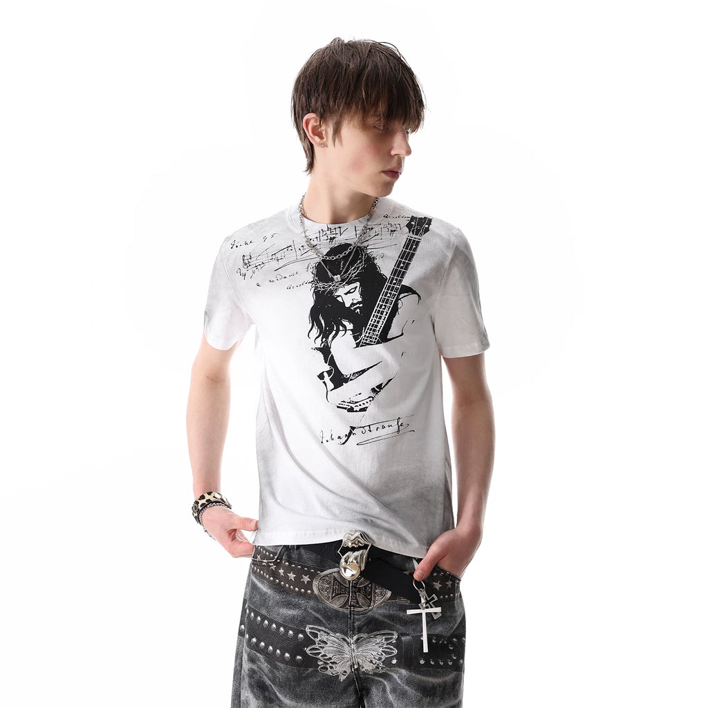 TREND ST Street Punk Graffiti Rock Character Printed Short sleeved T-shirt for Men's Summer Slimming Short Style Boxy