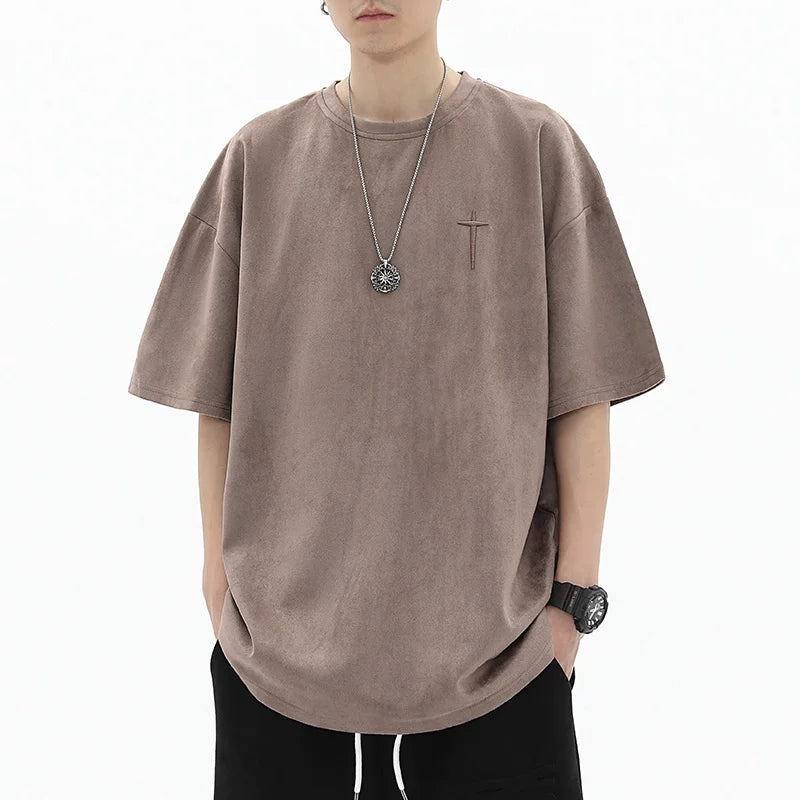 American retro embroidered suede short sleeved T-shirt for men's summer fashion brand hip-hop loose couple casual half sleeved T-shirt