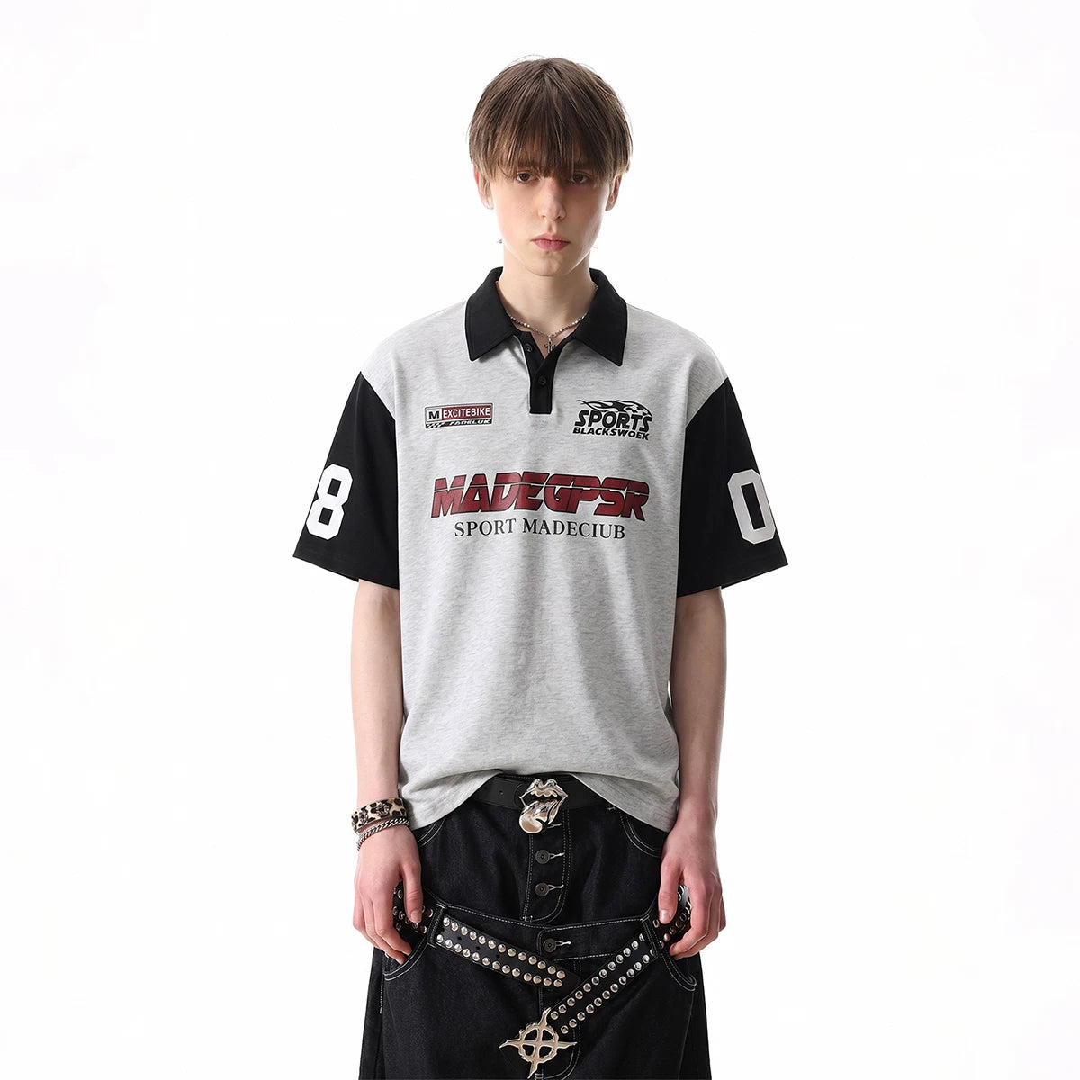 TREND ST American fashion racing style printed polo shirt short sleeved men's and women's summer loose collar cool T-shirt