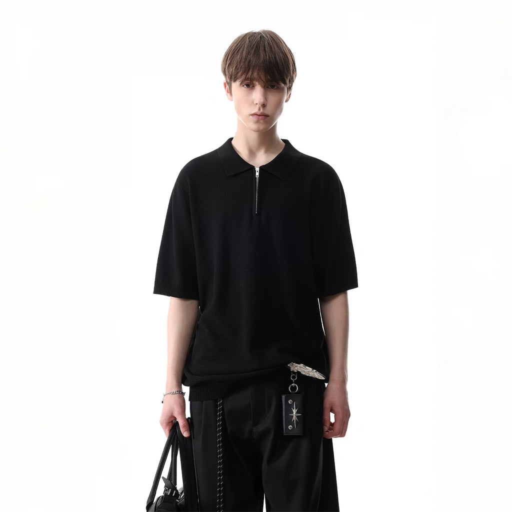 TRENDST Retro Money Style Texture Half Zipper Polo Shirt Men's Summer Commuter Loose Knitted Short Sleeve T-shirt