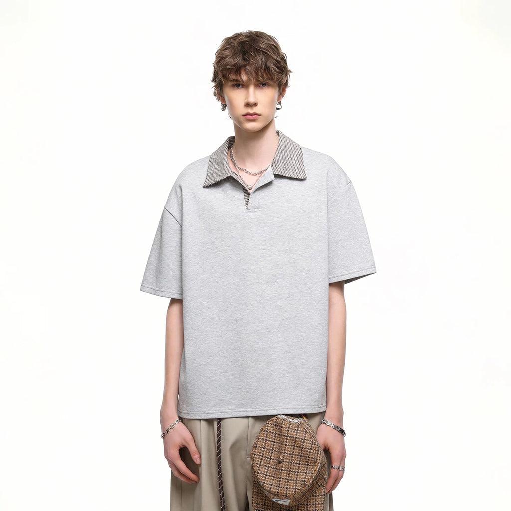 Chao Street Original Genuine Thousand Bird Grid Splicing Polo Collar Super Cool Ice Feeling Loka Air Layer Short Sleeve T-shirt
