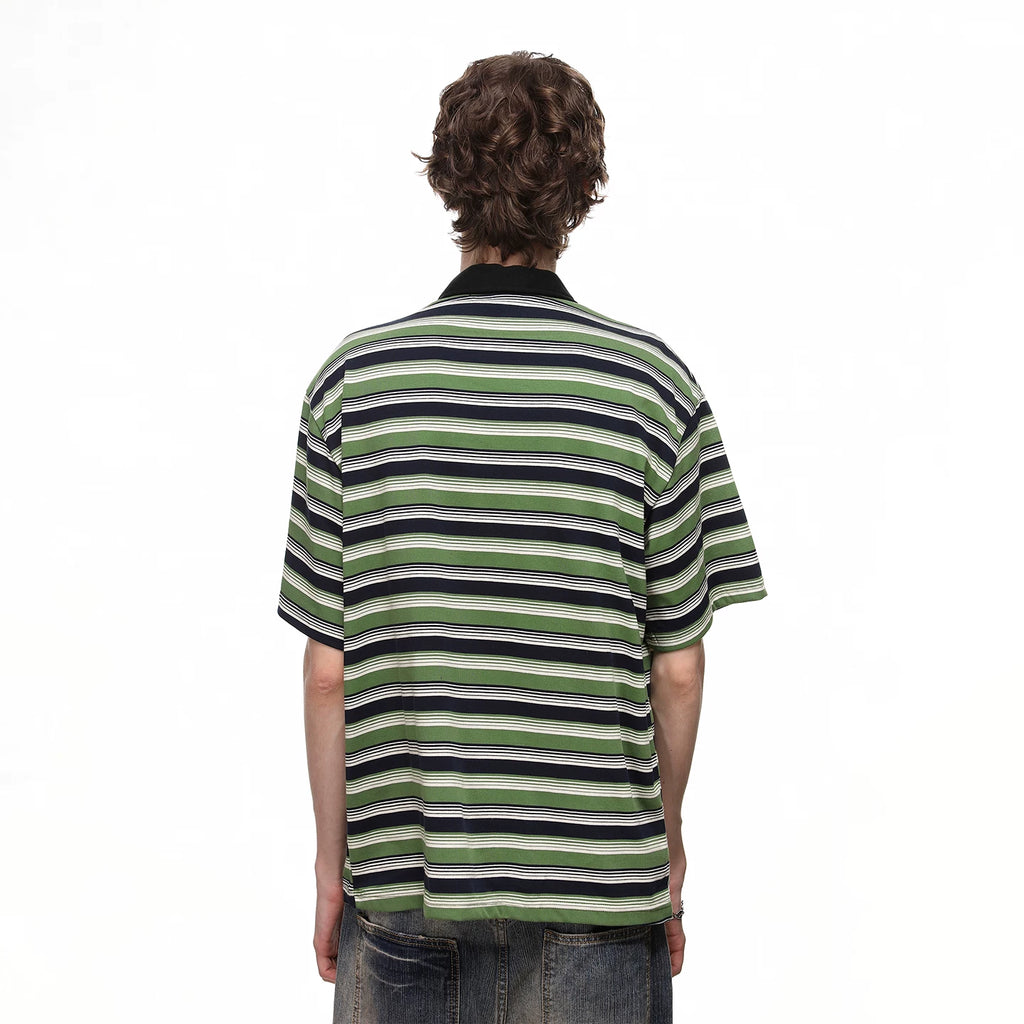 TREND ST American retro striped silhouette loose short sleeved polo shirt men's summer design double breasted T-shirt