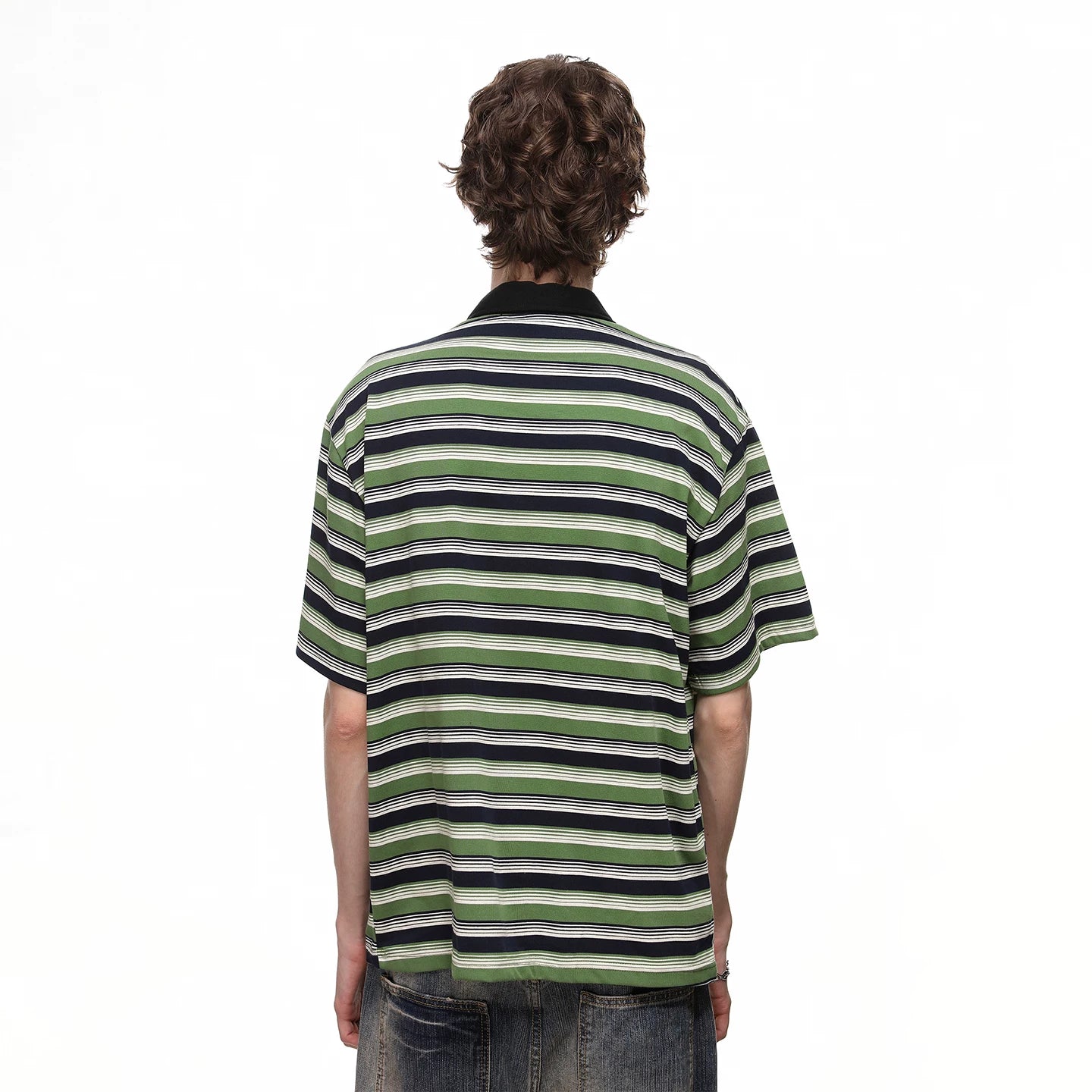 TREND ST American retro striped silhouette loose short sleeved polo shirt men's summer design double breasted T-shirt