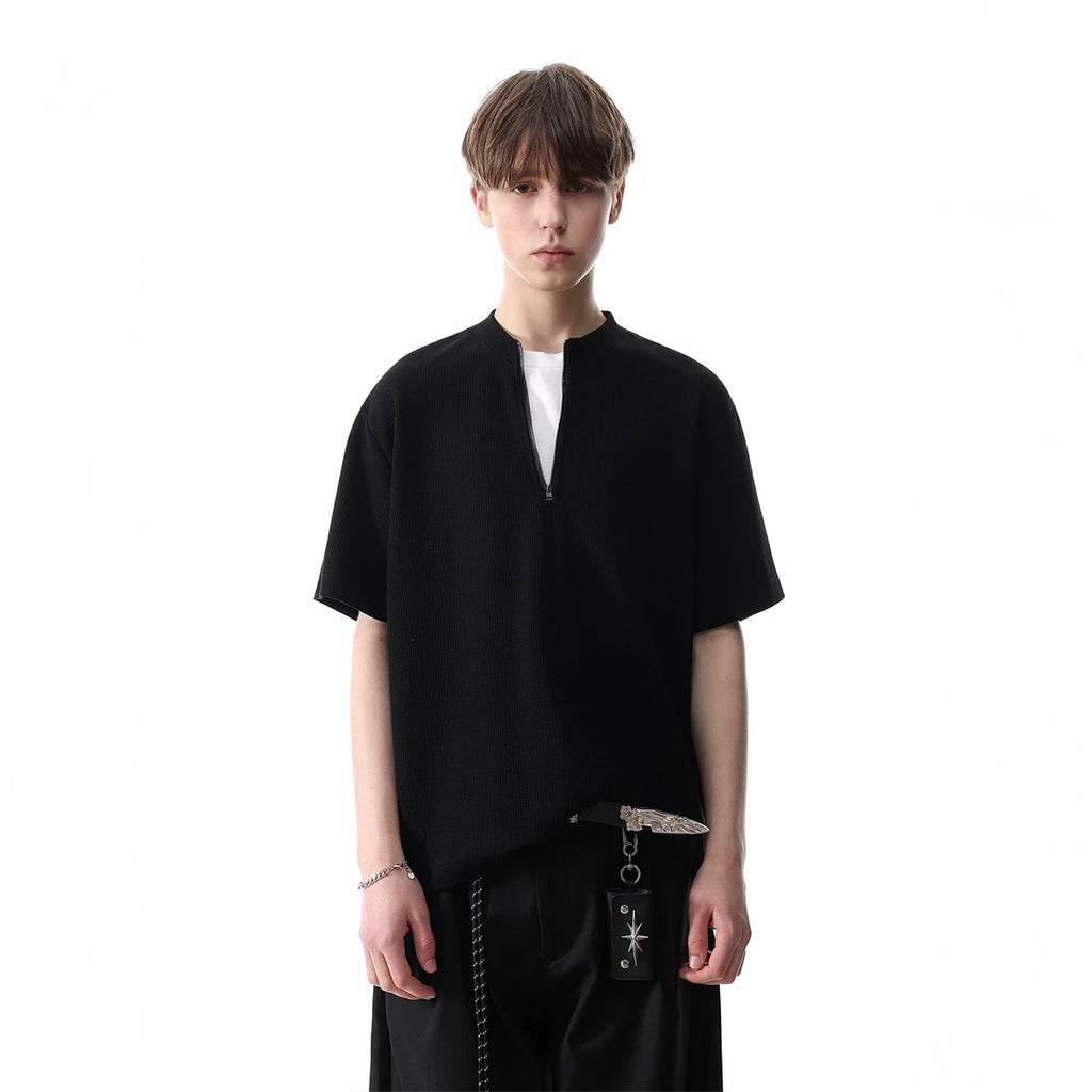 TREND ST Summer Vacation Two Piece Splicing Half Zipper Short Sleeve T-shirt for Men's American Casual Simple Waffle Top