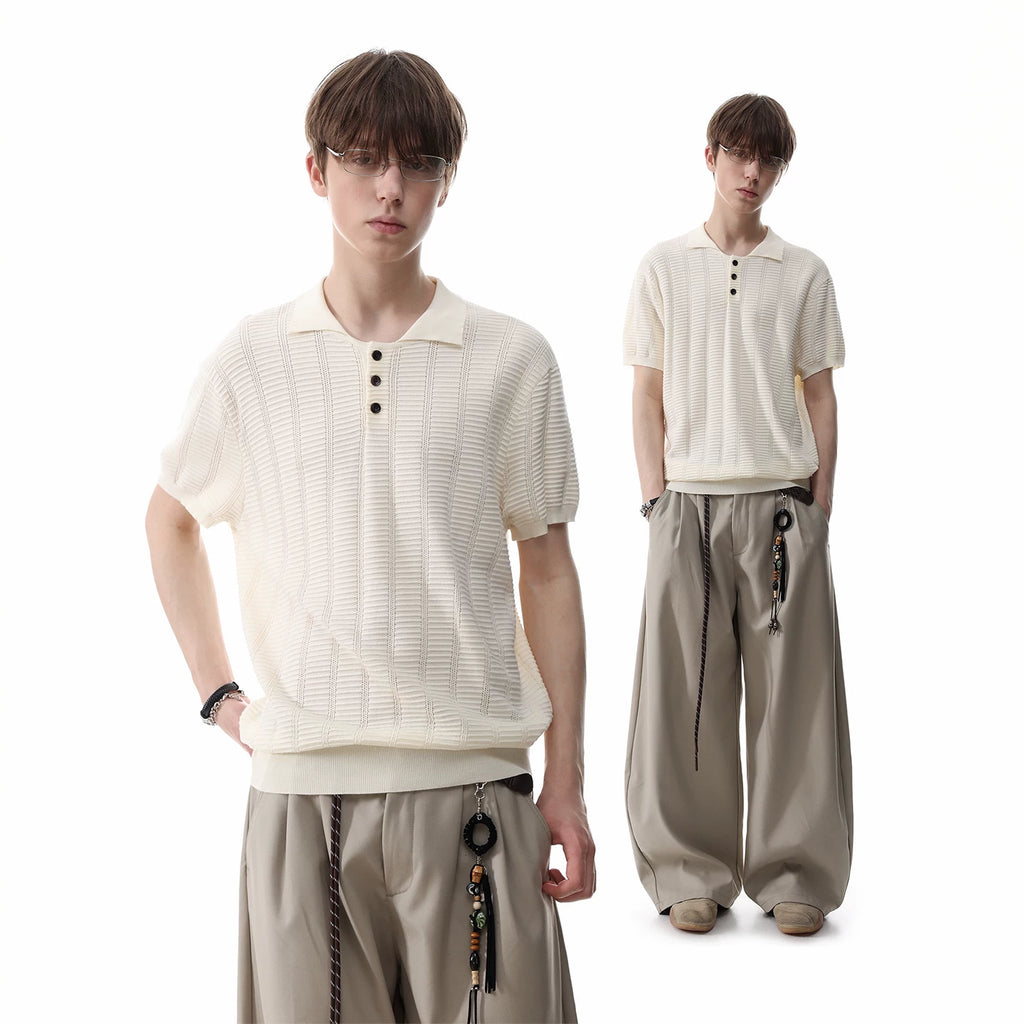 TREND ST old money style pit stripe texture knitted short sleeved polo shirt for men's summer retro short wide lapel T-shirt