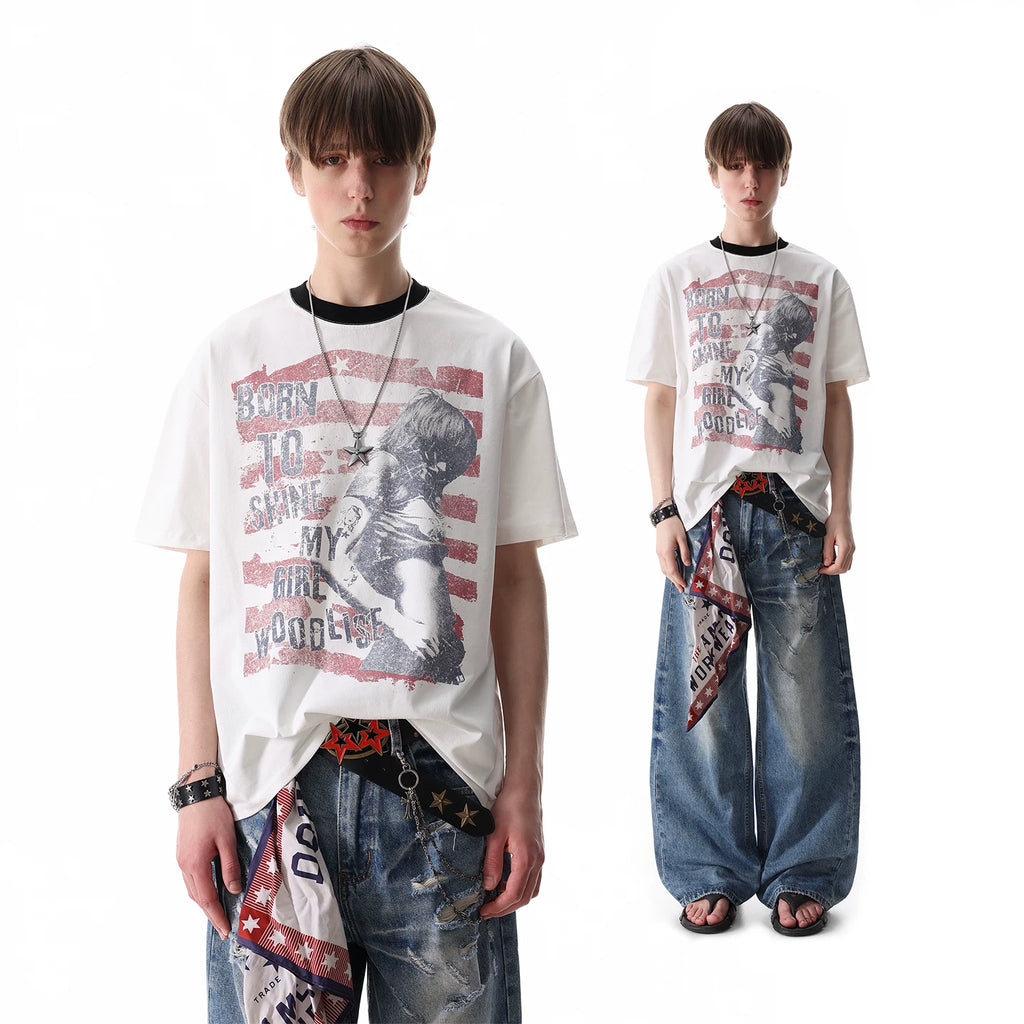 TREND ST Light Asian Street Retro Printed Short Sleeve T-shirt for Men's Summer Loose Solona Cool Half Sleeve T-shirt