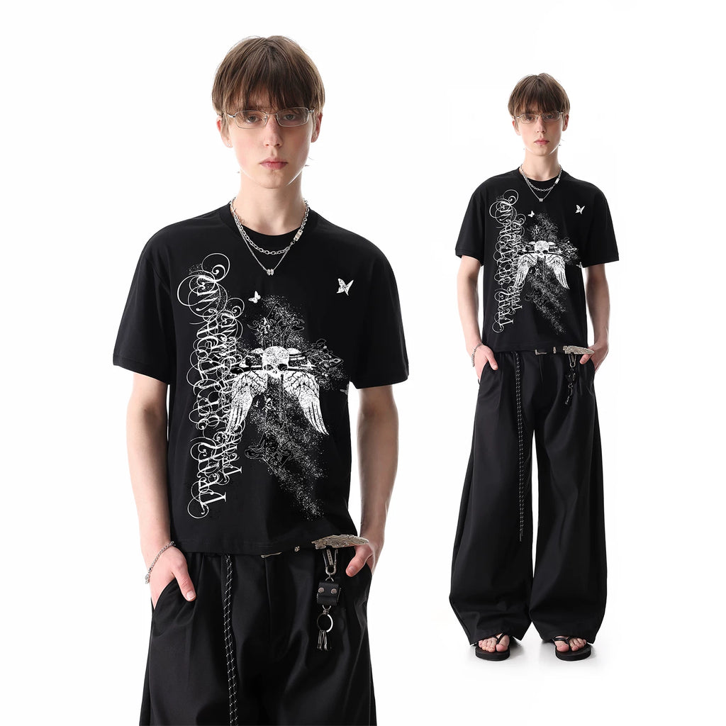 TREND ST original visual style light Asian style skull print short sleeved T-shirt for men's summer street lightweight top
