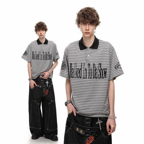 American retro striped contrasting lapel T-shirt men's 2026 summer fashion trendy brand loose letter printed polo shirt short sleeved