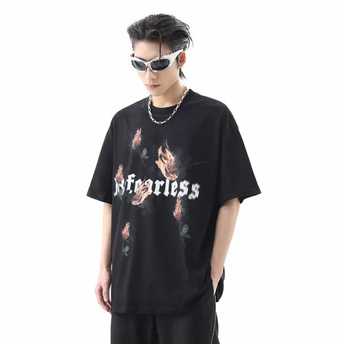 American street flame rose print short sleeved T-shirt for men's summer fashion trend, loose half sleeved couple T-shirt
