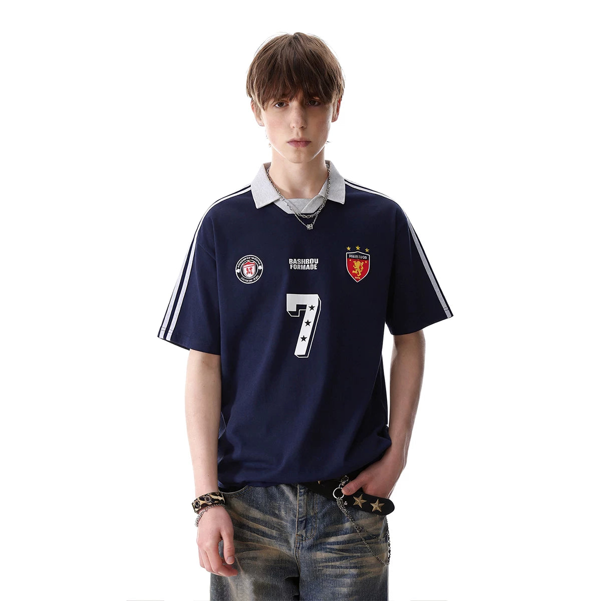 TREND ST American retro sports cool short sleeved T-shirt for men's summer loose fit size 7 printed polo shirt top