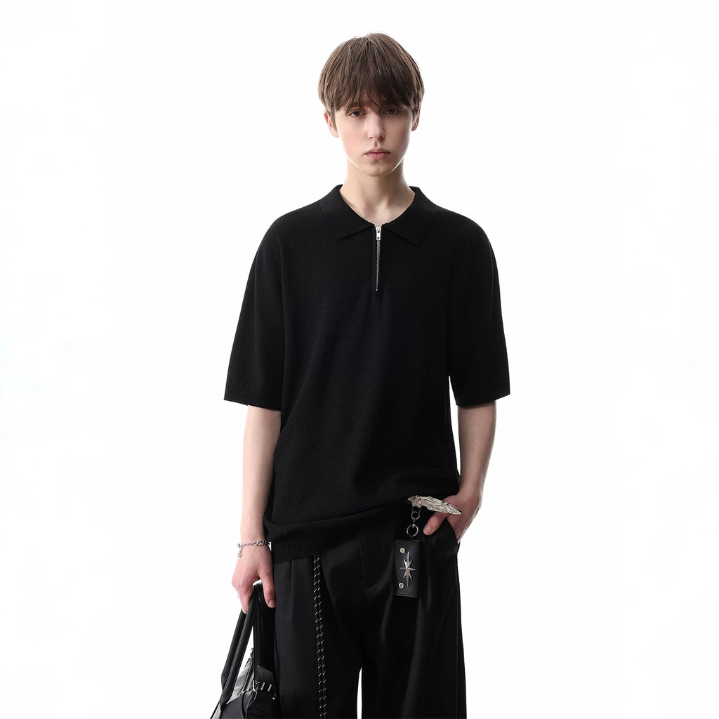 TRENDST Retro Money Style Texture Half Zipper Polo Shirt Men's Summer Commuter Loose Knitted Short Sleeve T-shirt