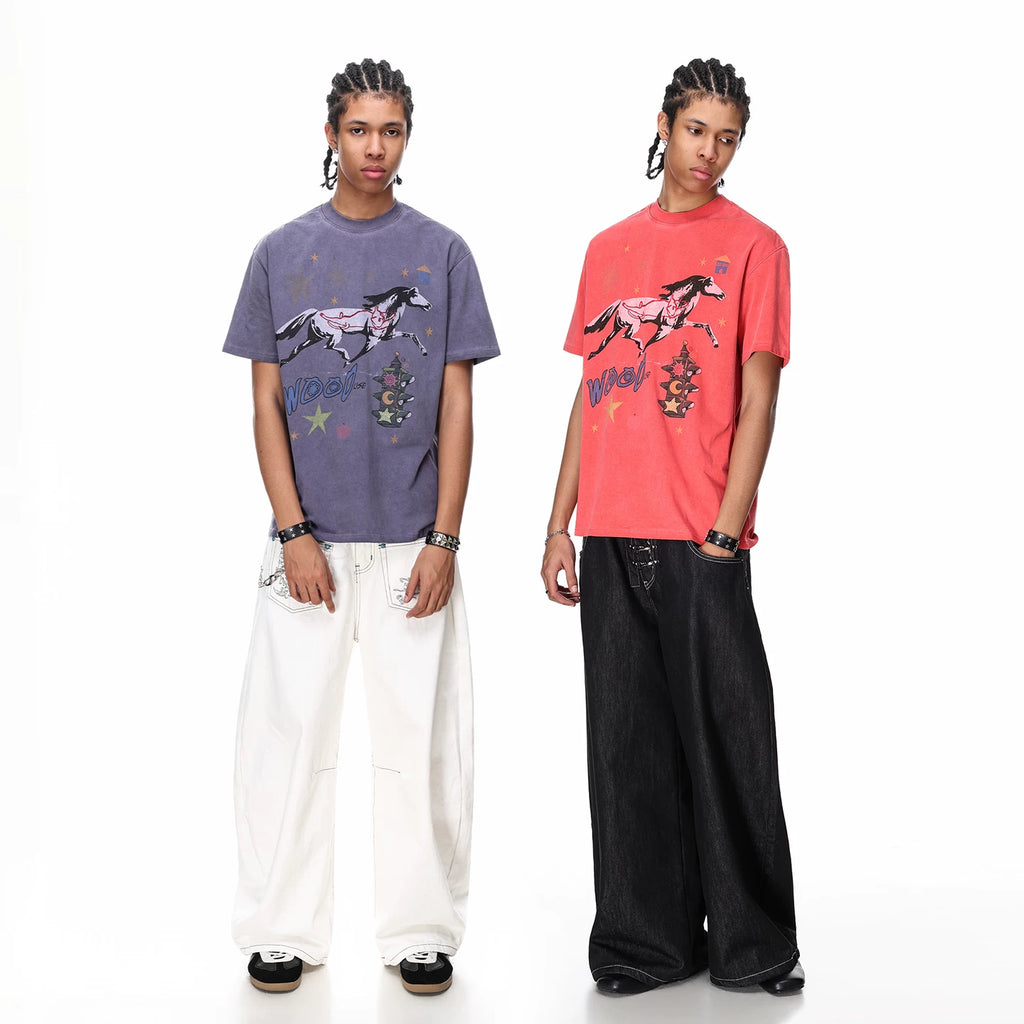 Vintage washed vintage printed short sleeved T-shirt with the theme of 'galloping horse', suitable for both men and women in summer, loose and casual couple's T-shirt
