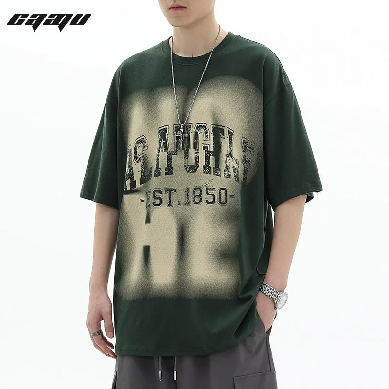 Trendy block American retro letter printed short sleeved T-shirt, loose and versatile pure cotton top, youthful and trendy style