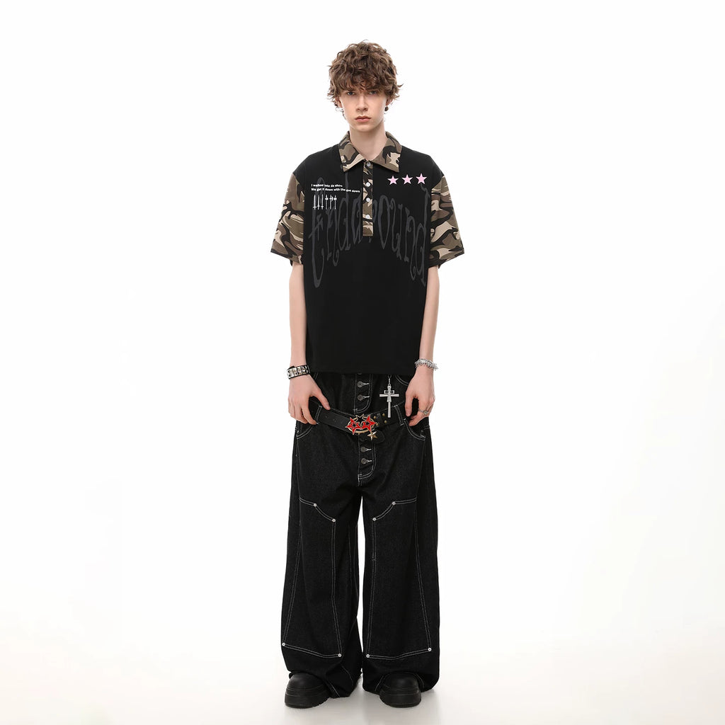 Vintage American fashion brand camouflage spliced polo shirt short sleeved men's summer trend loose casual couple T-shirt