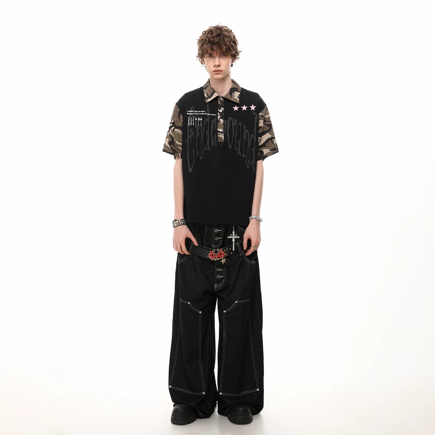 Vintage American fashion brand camouflage spliced polo shirt short sleeved men's summer trend loose casual couple T-shirt