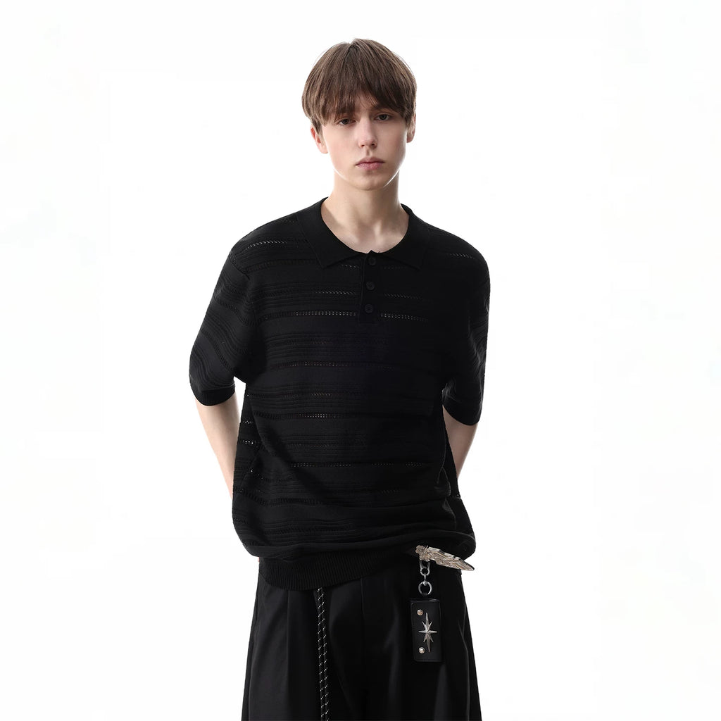 Trendy block light luxury old money style hollow striped knitted polo shirt short sleeved men's summer loose couple half sleeved T-shirt