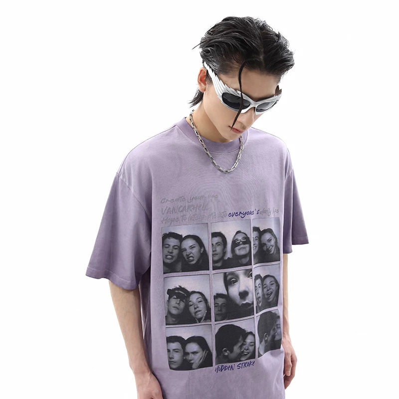 American style niche nine grid figure printed short sleeved T-shirt for men in summer, retro washed and worn, loose fitting couple half sleeved T-shirt