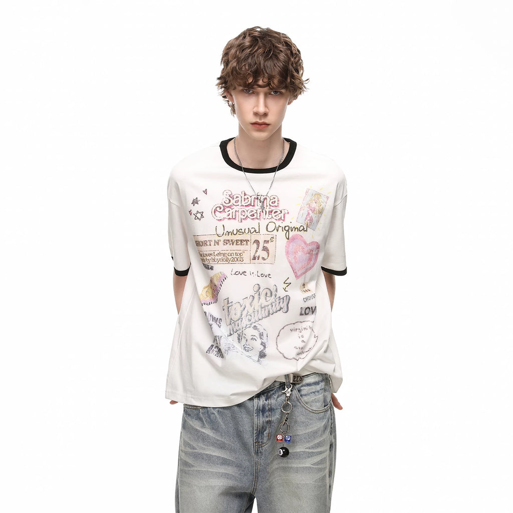 TREND ST American retro fun printed T-shirt short sleeved for men and women in summer, loose and lazy, versatile for couples, half sleeved