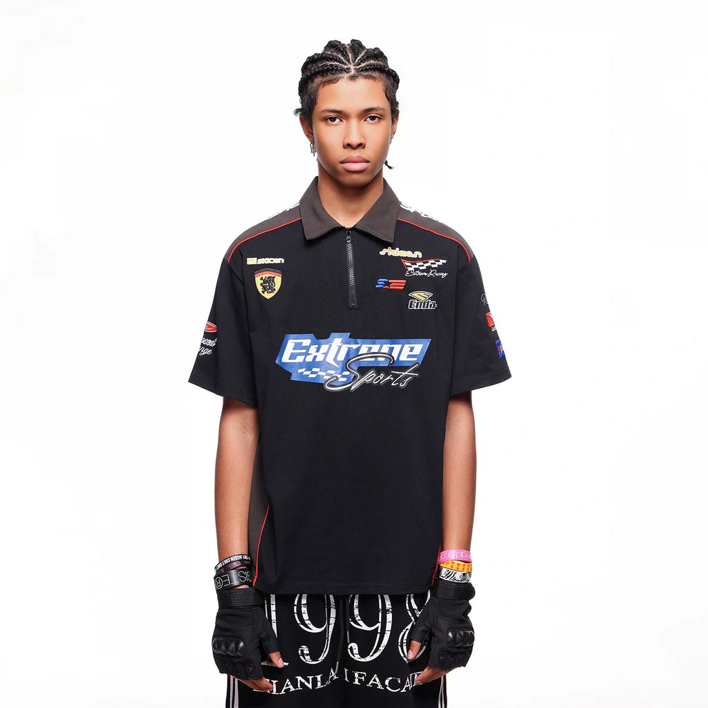 American high-end racing suit with half zipper collar T-shirt, men's summer loose design, embroidered polo shirt, short sleeved